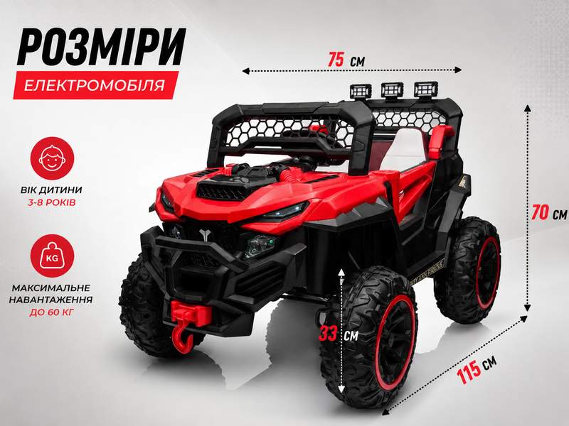 Дитячий двомісний електромобіль баггі 4&times;4 червоний, 12V, 2&times;380 Вт, пульт ДК, LED, Bluetooth, USB, MP3 bigbagi1 фото