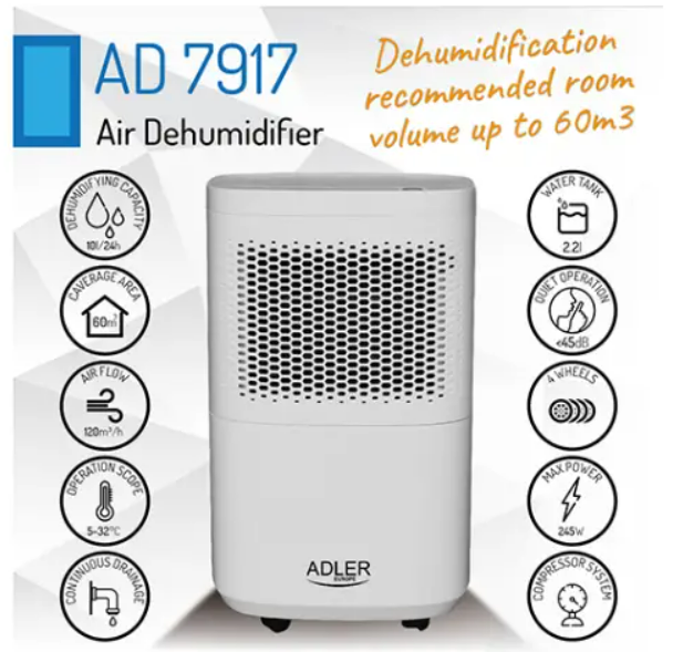 Осушувач повітря Adler AD 7917 &mdash; компресорний, 200 Вт, для приміщень до 20 м&sup2; 344334333 фото