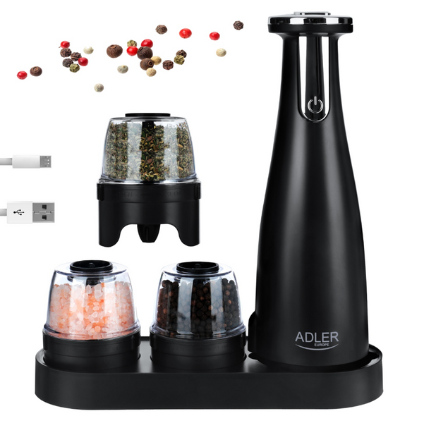 Електричний млин для спецій, солі та перцю Adler AD 4449, 3-в-1, USB-C, акумуляторний, чорний 453258525 фото